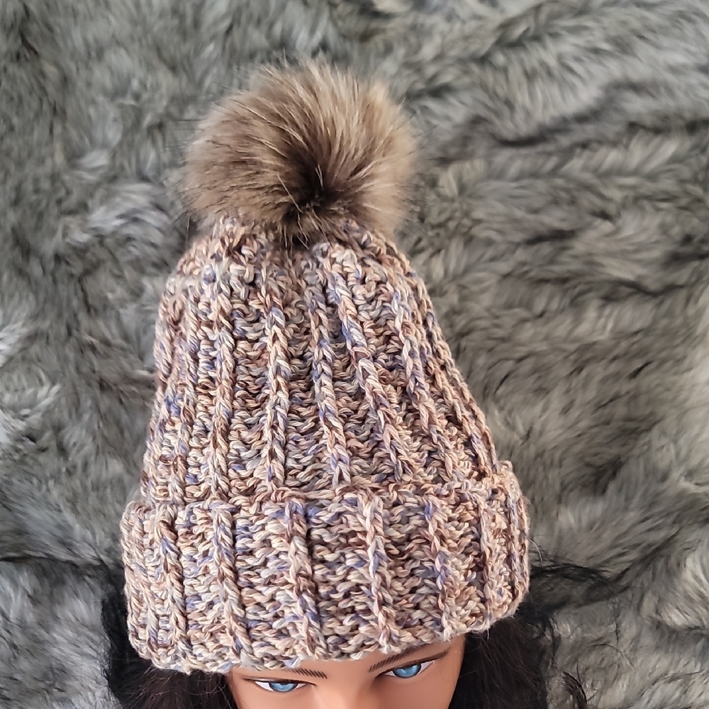 Hand Crocheted Fur Pom-Pom Snow Hat/Beanie - Picture 6 of 8